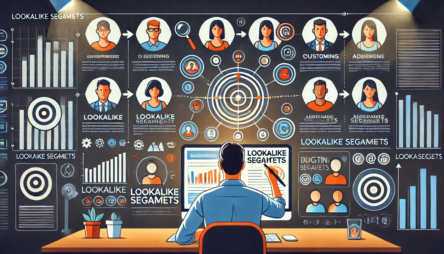 An image showing a digital marketer creating lookalike segments to target broader audiences, visualized with audience groups sharing similar behaviors and interests.