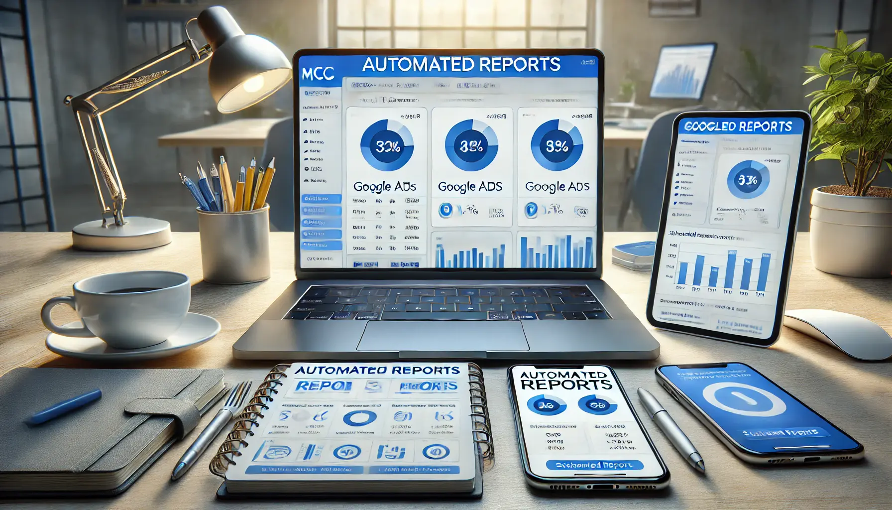 A workspace with a laptop displaying MCC's automated reports interface, accompanied by devices showing campaign metrics and notifications.