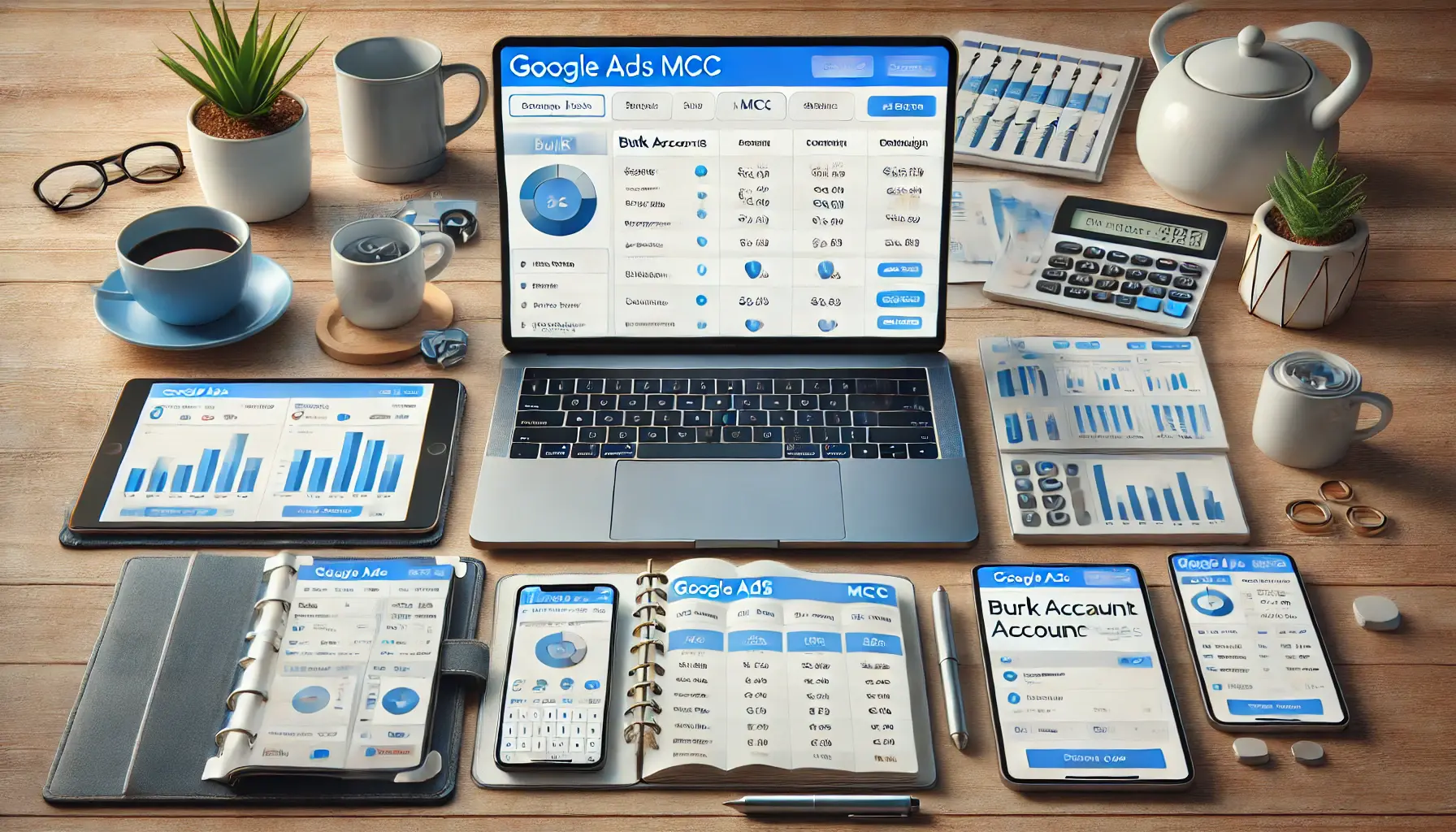 A workspace with a laptop displaying MCC tools for bulk account changes alongside devices showing campaign analytics.