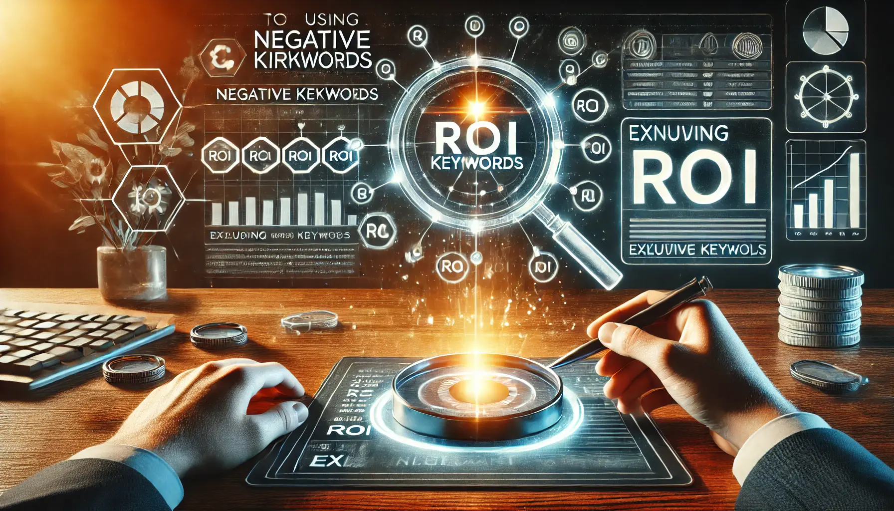 Illustration of negative keyword usage, featuring a digital workspace with crossed-out keywords, ROI metrics, and analytical tools.