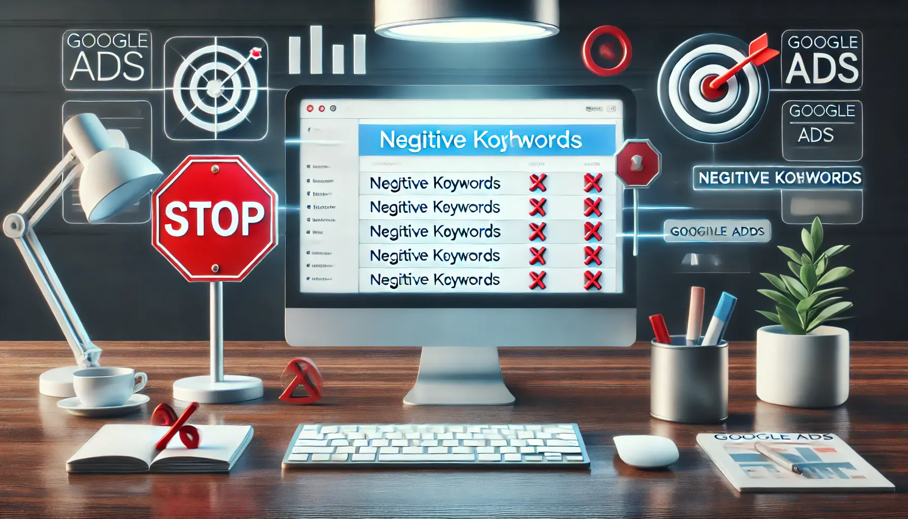 A computer screen showing a negative keywords list on a Google Ads dashboard, with symbolic elements like a stop sign and a target.