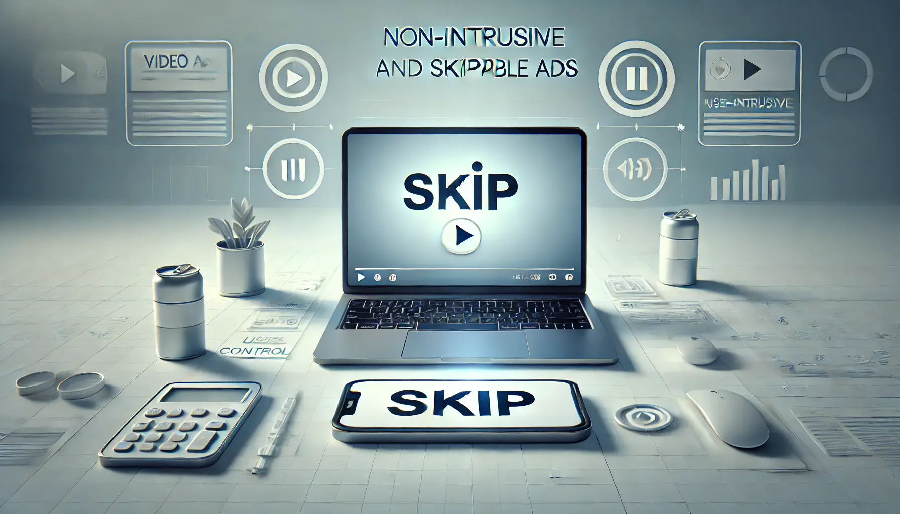 A laptop or mobile device displaying a video ad with a visible skip button, surrounded by a minimalistic and user-friendly digital environment.