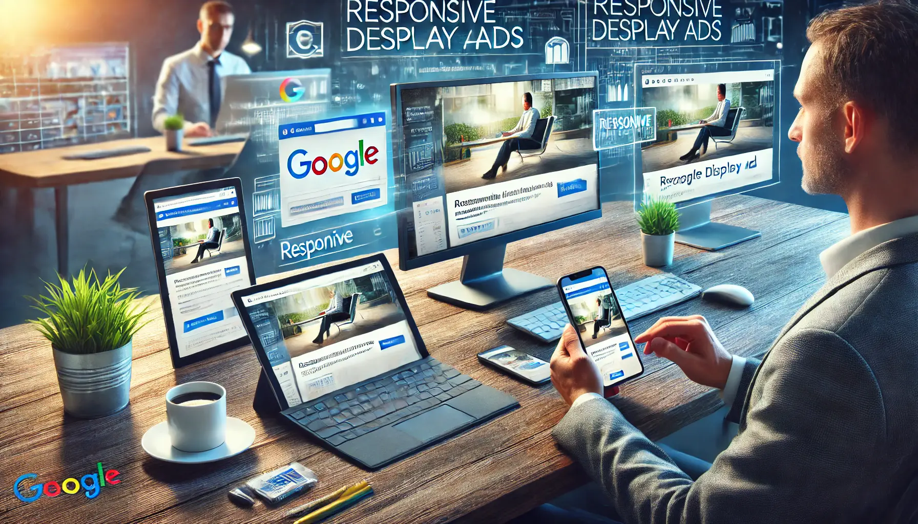 An image showing a professional viewing different versions of a Google Display Ad on multiple devices, illustrating the responsiveness of the ad across various screen sizes.