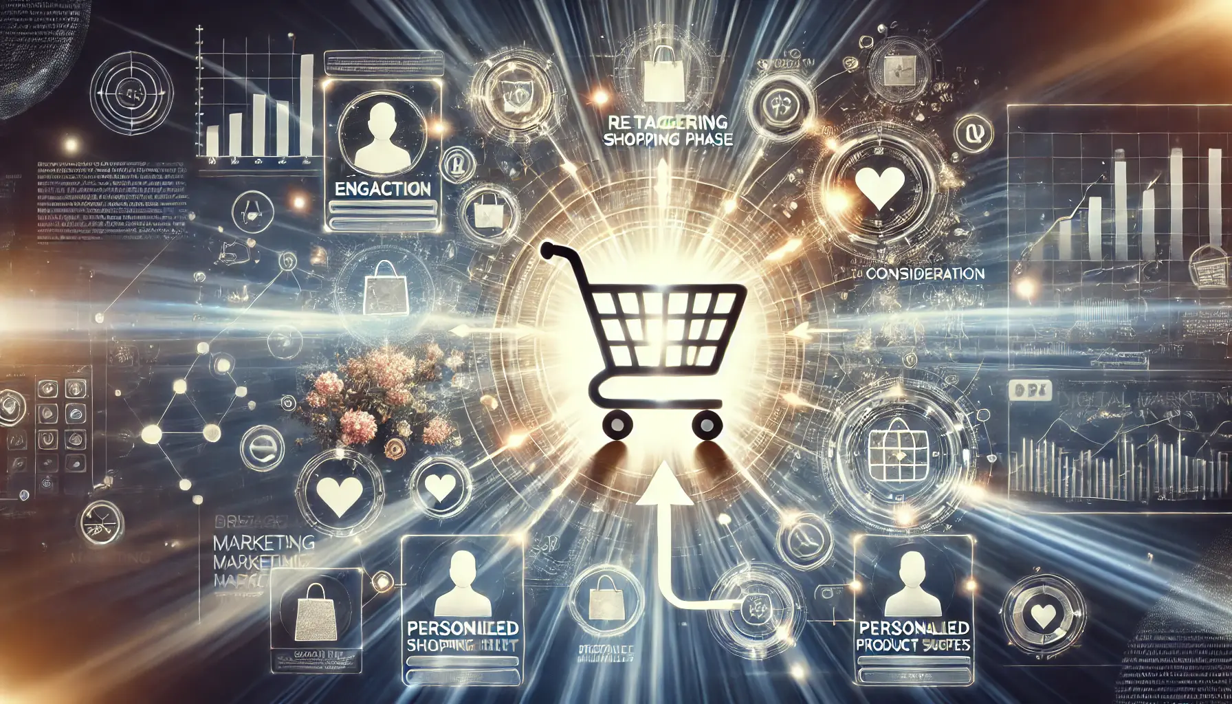 Illustration of retargeting strategies with user profiles connected to a glowing shopping cart and personalized products.