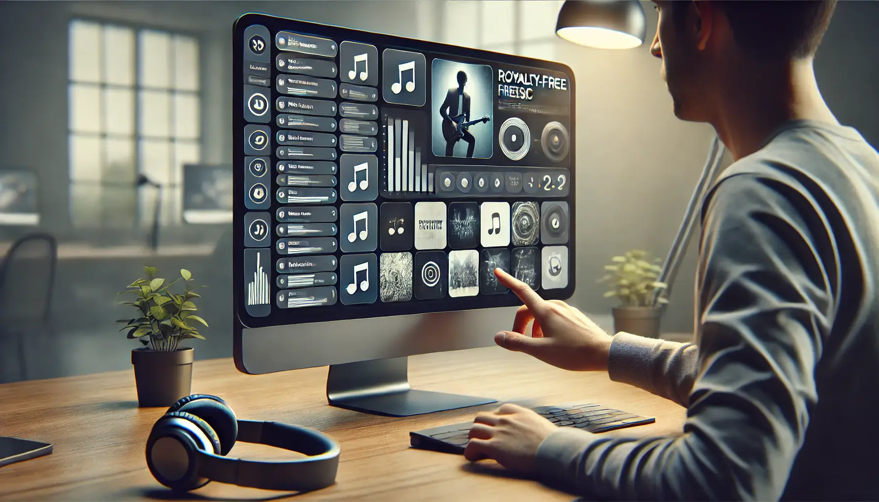 Realistic image of a person selecting music from a royalty-free music library displayed on a computer screen.
