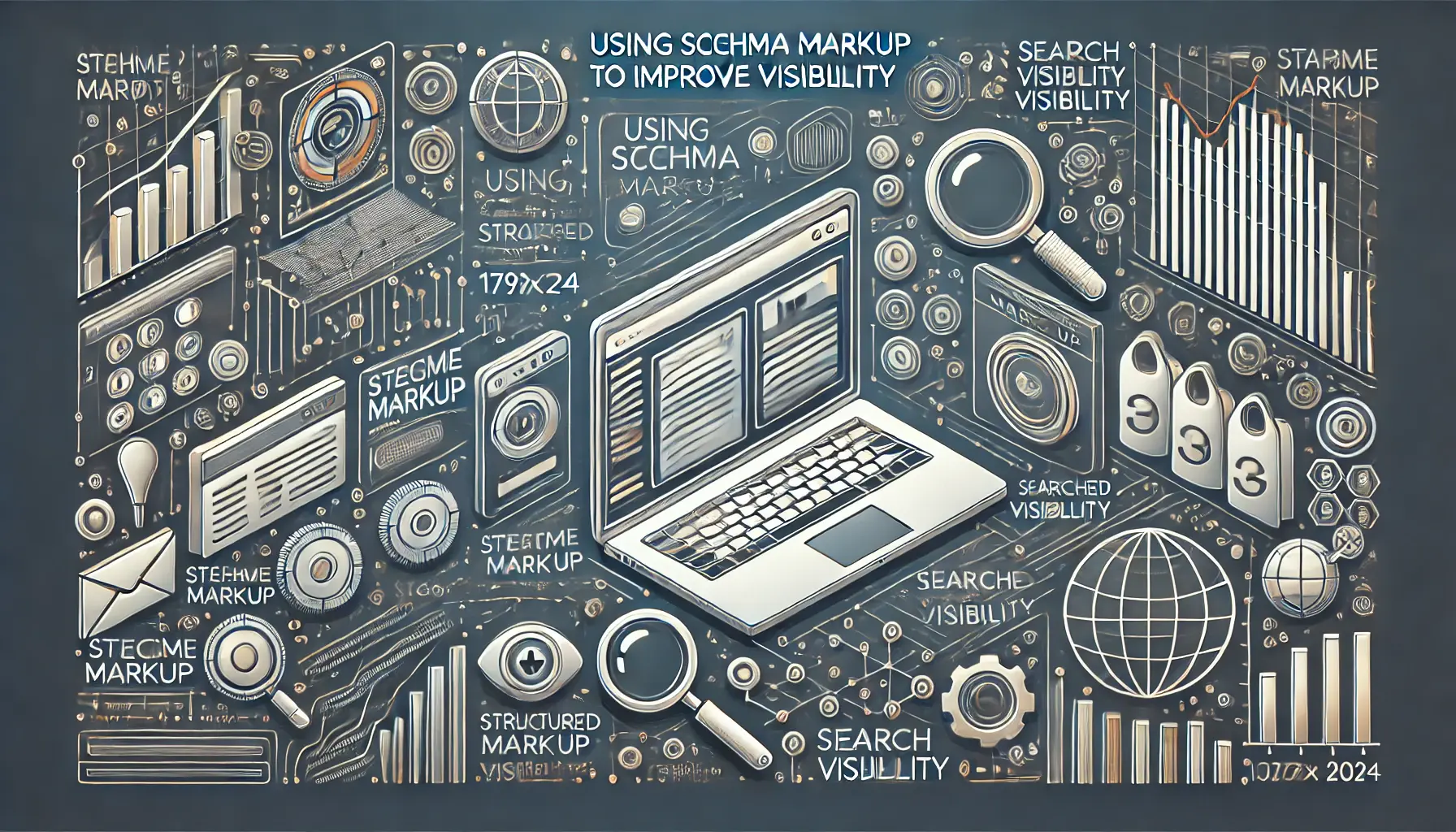 Illustration of schema markup improving search visibility with a digital dashboard showing structured data icons and search metrics.