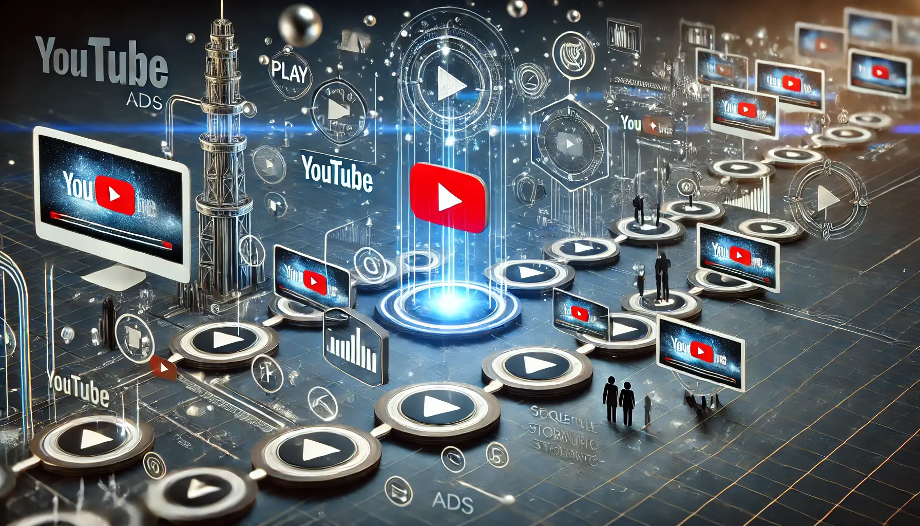 A series of connected stages symbolizing sequential CTAs in YouTube ads, with video frames, play buttons, and icons representing each step in a journey.