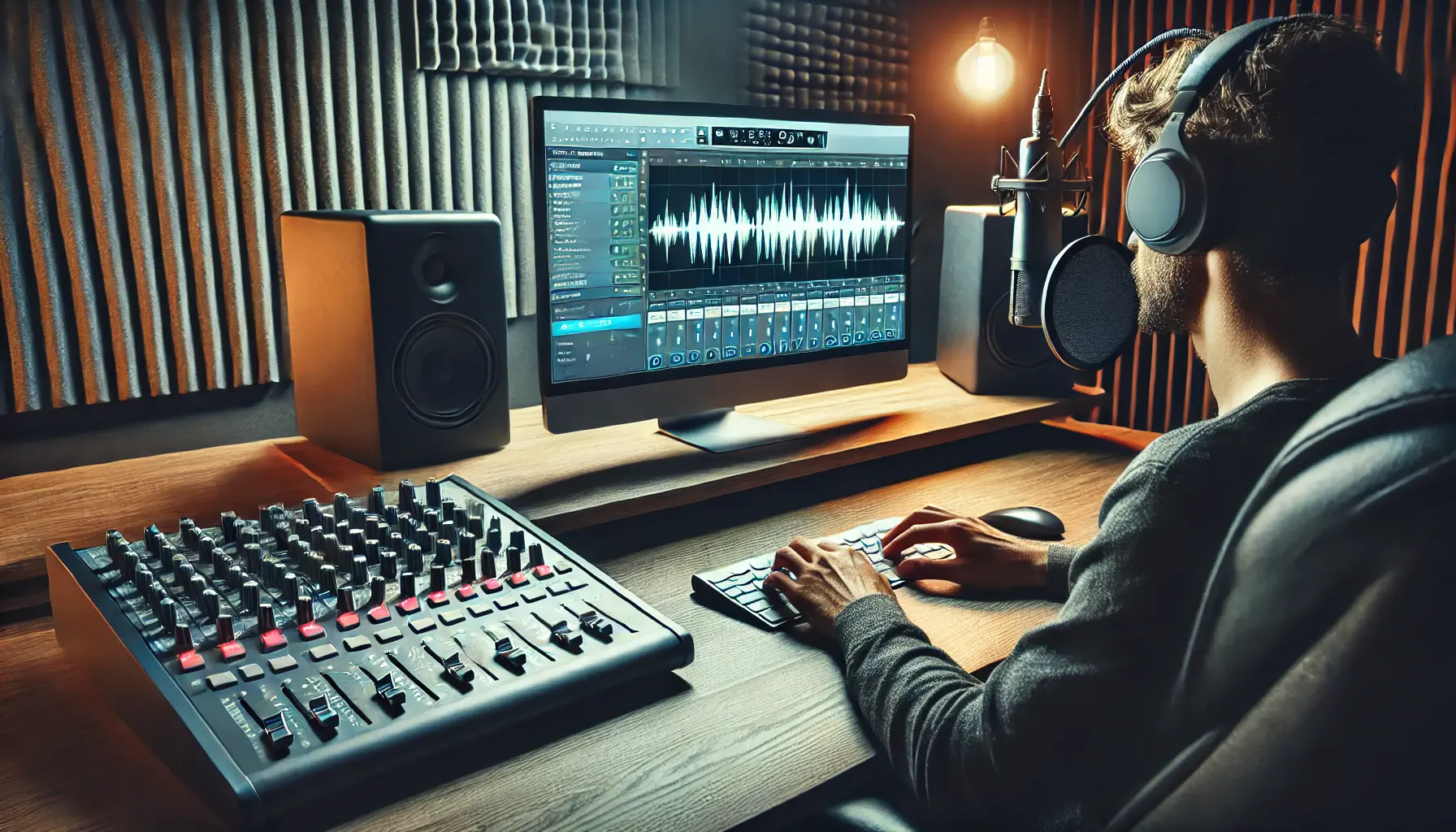 A voiceover engineer sitting at a computer in a professional recording studio, using audio editing software to enhance audio quality.