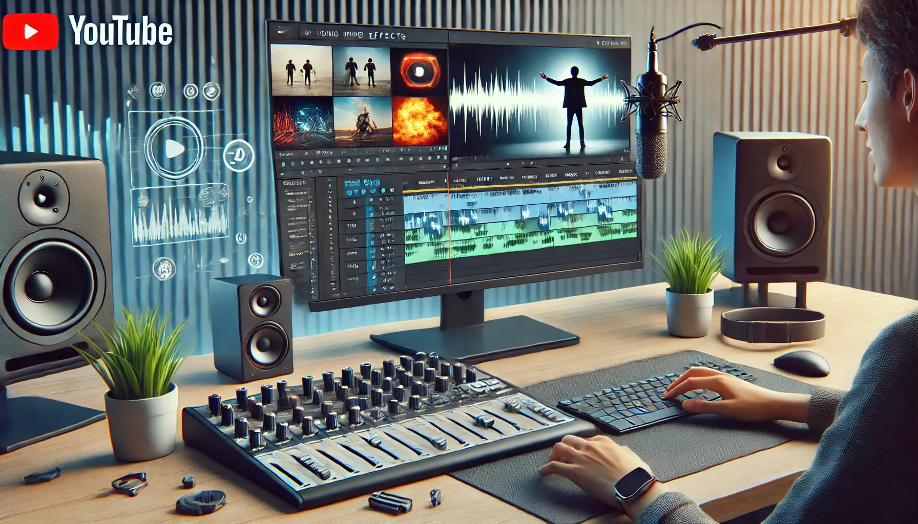 Professional image of an audio workstation with sound effects applied to a timeline, symbolizing sound effects enhancing storytelling.