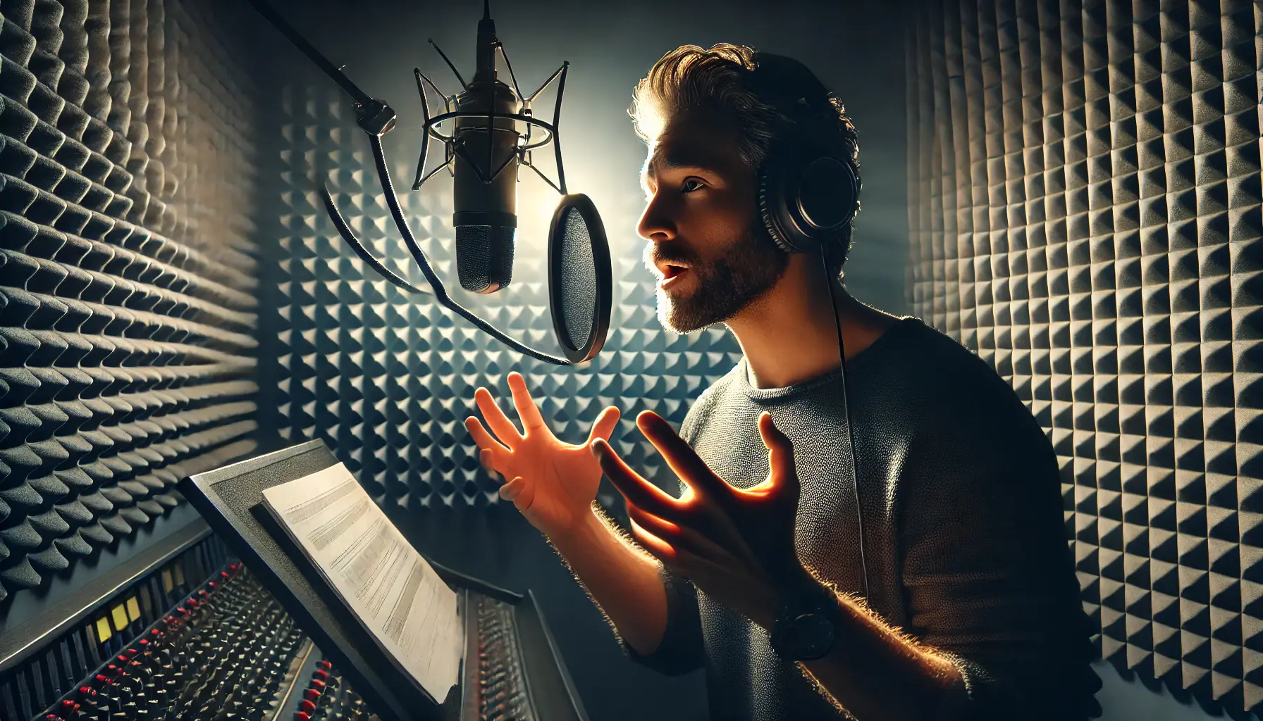 A voiceover artist in a recording booth, speaking into a high-quality microphone with expressive gestures, immersed in storytelling.