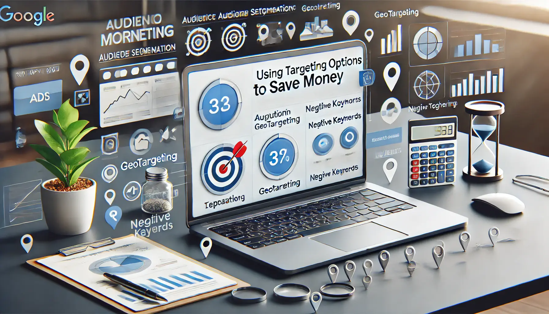 A digital marketing workspace showing an ad campaign dashboard with targeting options like audience segmentation, geotargeting, and negative keywords.