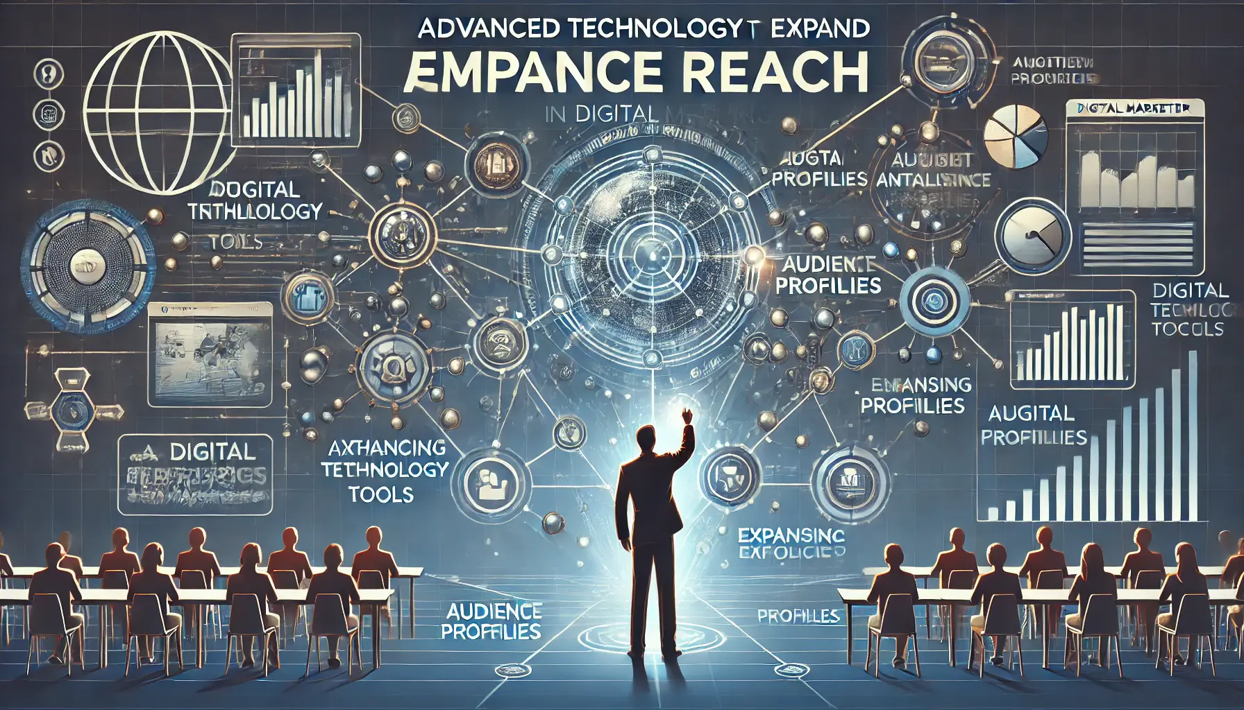 An image showing a digital marketer using advanced technology tools like artificial intelligence and data analytics to expand audience reach, with network connections and expanding user profiles.