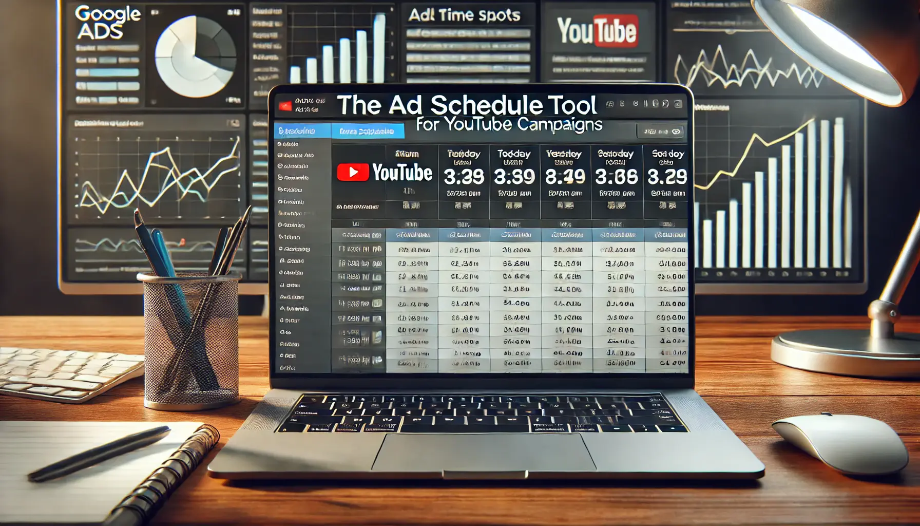 A laptop showing the Google Ads interface with a scheduling timeline and performance metrics for YouTube campaigns.