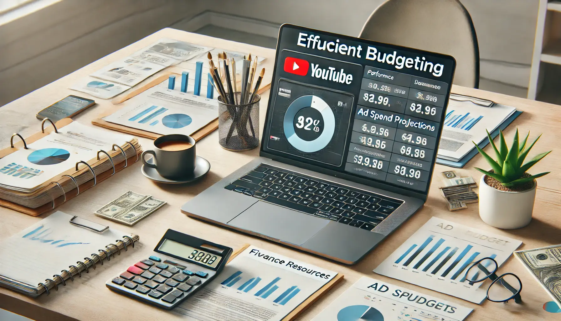 A workspace with a laptop displaying a budgeting tool dashboard for YouTube ads, financial documents, charts, and a cup of coffee, symbolizing the use of tools for efficient ad budgeting.