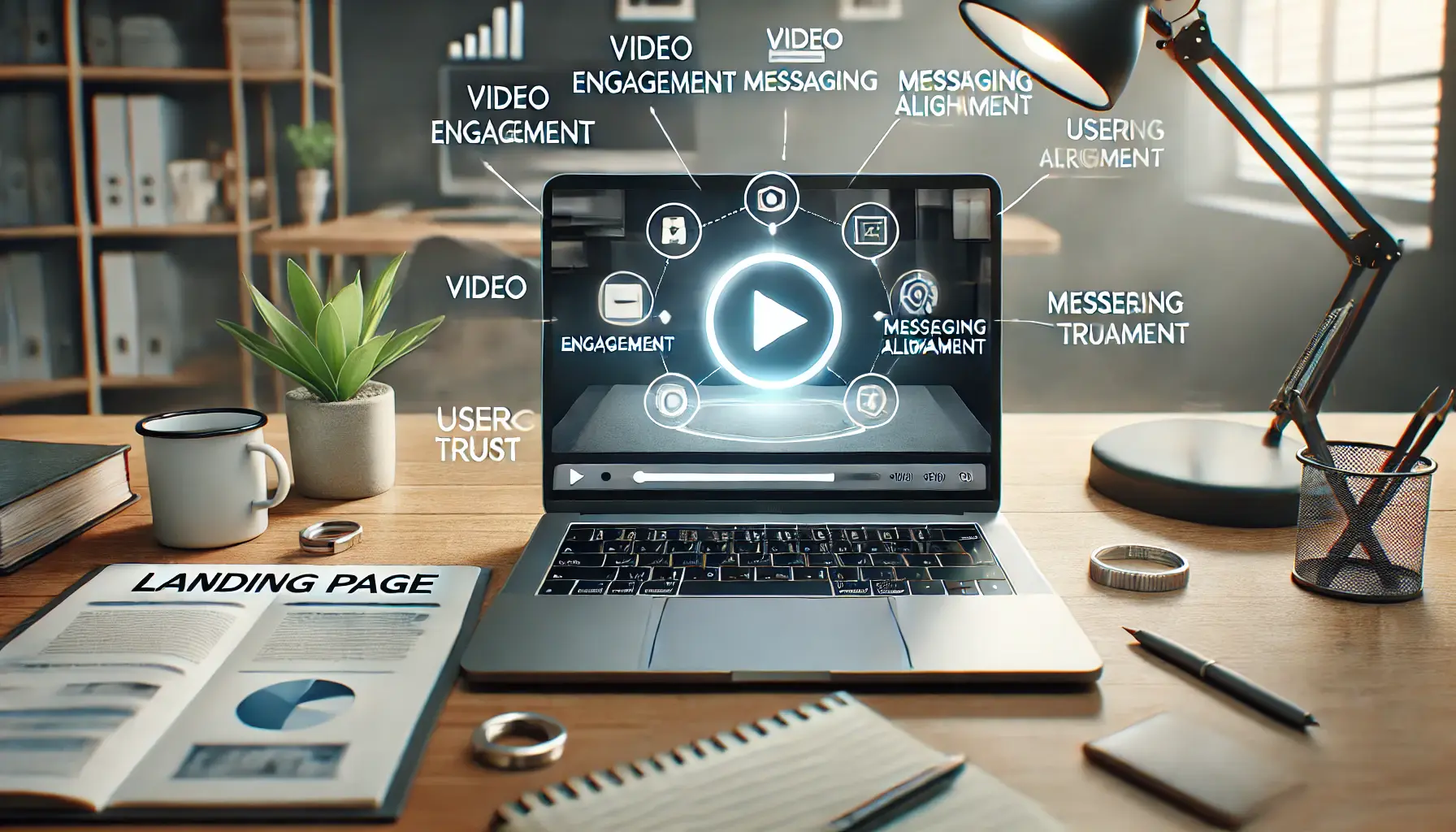 A laptop displaying a landing page with an embedded video player, surrounded by icons for video engagement and messaging alignment.