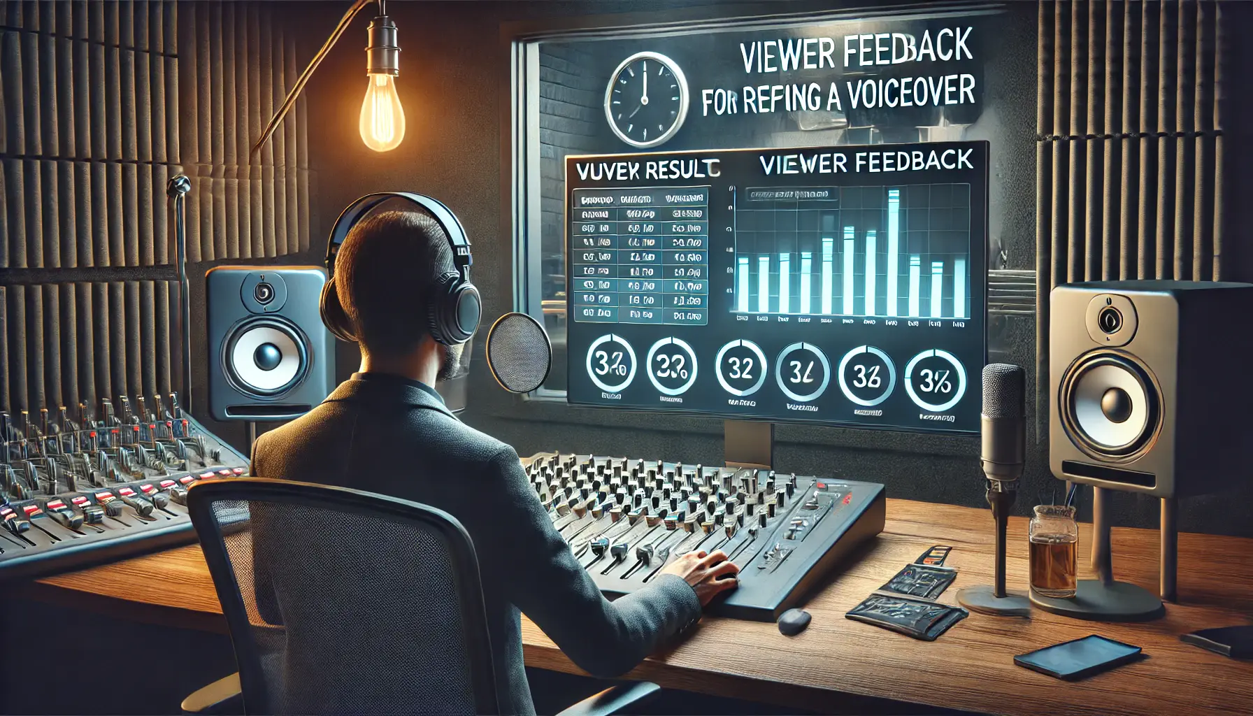 A sound engineer reviewing audience feedback on a computer screen to refine a voiceover, with a recording booth in the background.