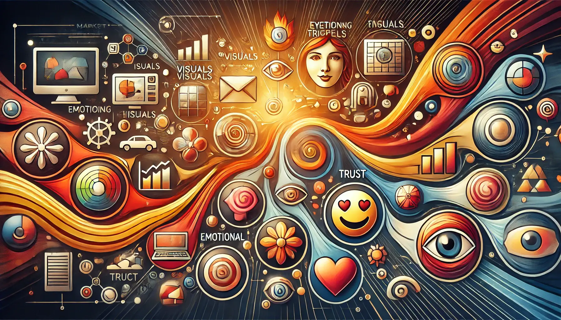 Image depicting the use of visual and emotional appeals in advertising, with icons representing happiness, trust, and excitement.