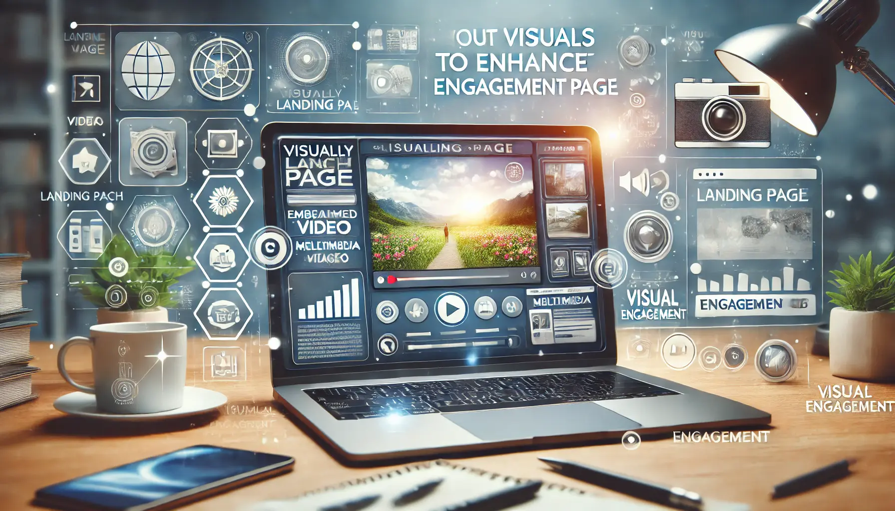 A laptop displaying a visually rich landing page with embedded video, high-quality images, and engagement icons.