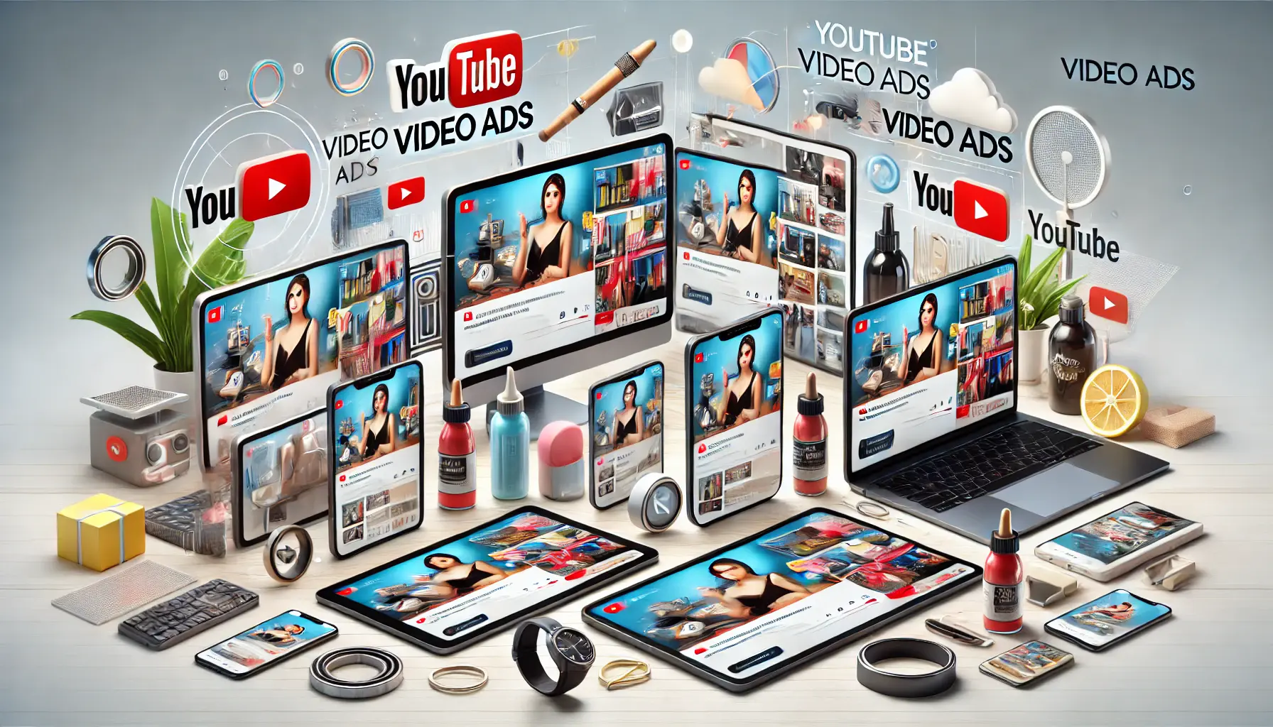 An illustration showing YouTube video ads displayed on devices like smartphones, tablets, and computers, promoting various products.