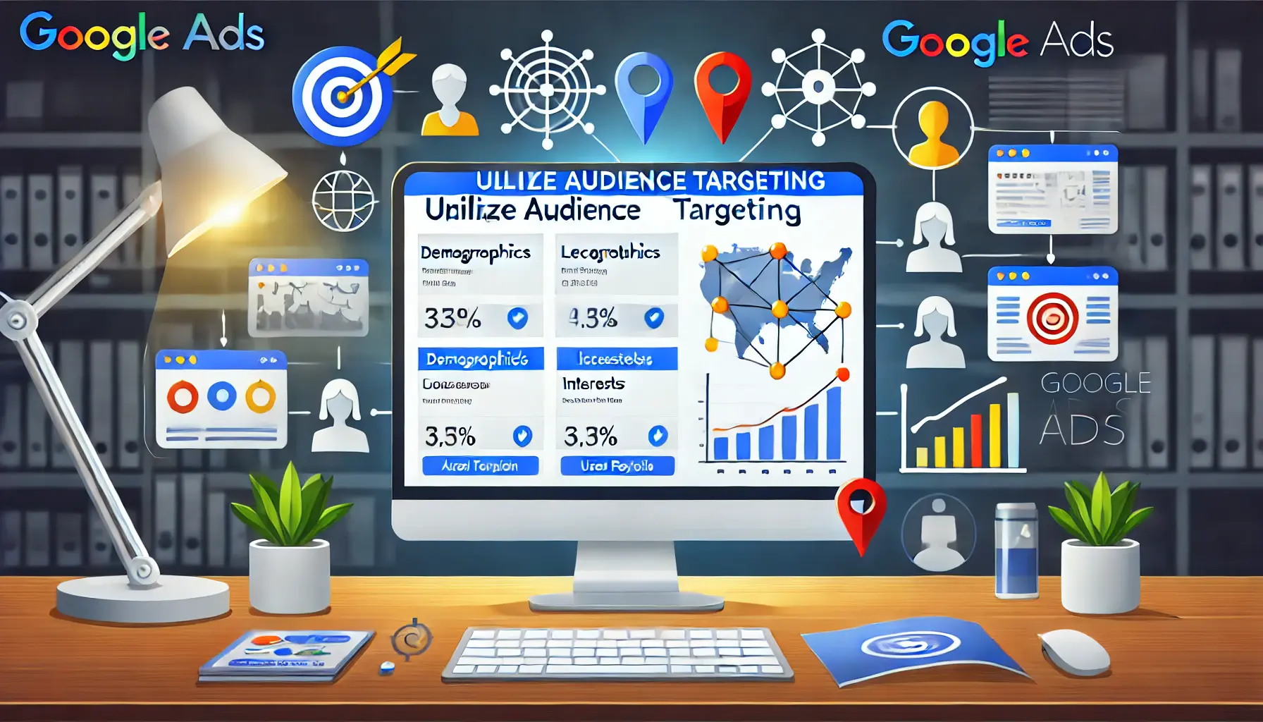 A computer screen displaying a Google Ads campaign with audience targeting options like demographics and location, surrounded by symbols like a target, map pin, and user profile icons.