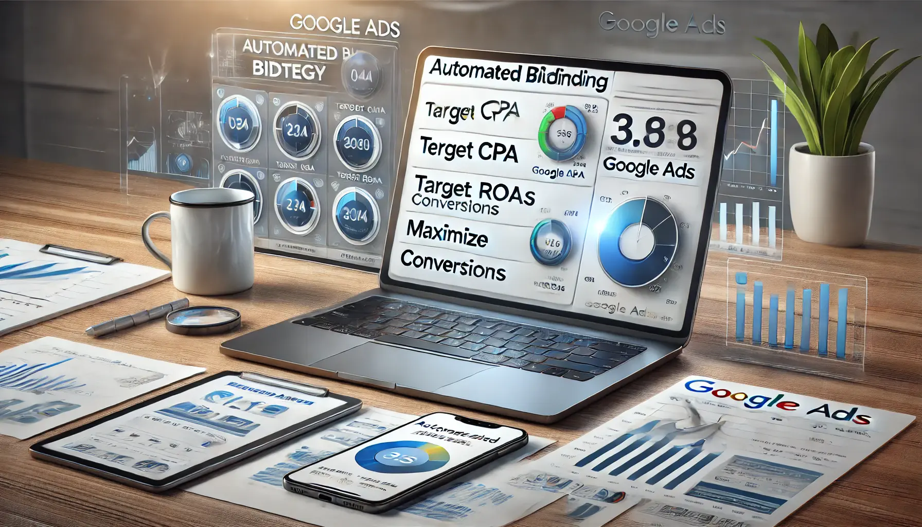 A laptop displaying the Google Ads interface with automated bidding options like Target CPA, Target ROAS, and Maximize Conversions, surrounded by a smartphone, tablet, and coffee mug in a modern workspace.