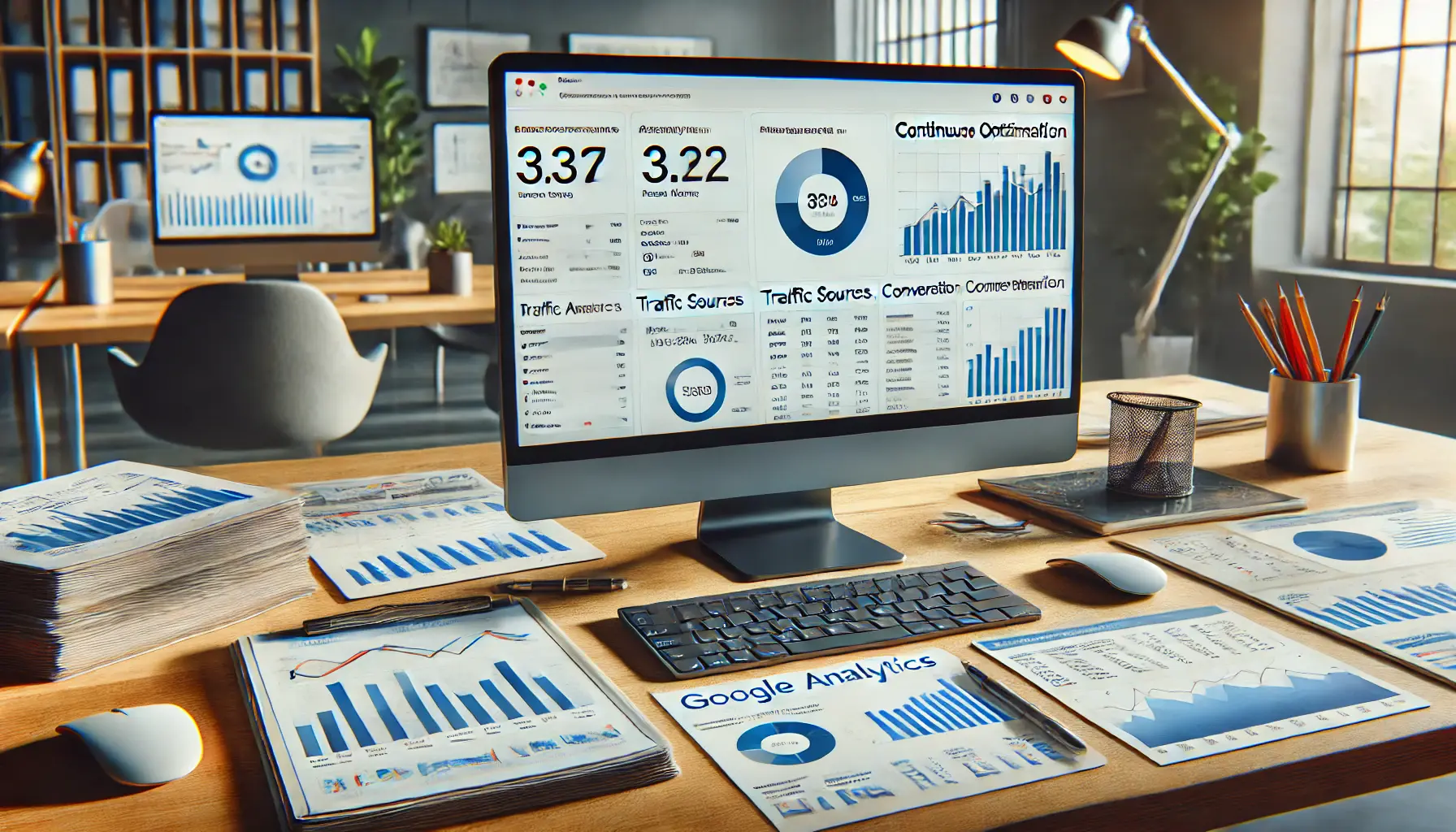 A workspace showing a Google Analytics dashboard on a computer, a tablet with real-time graphs, and printed data reports.