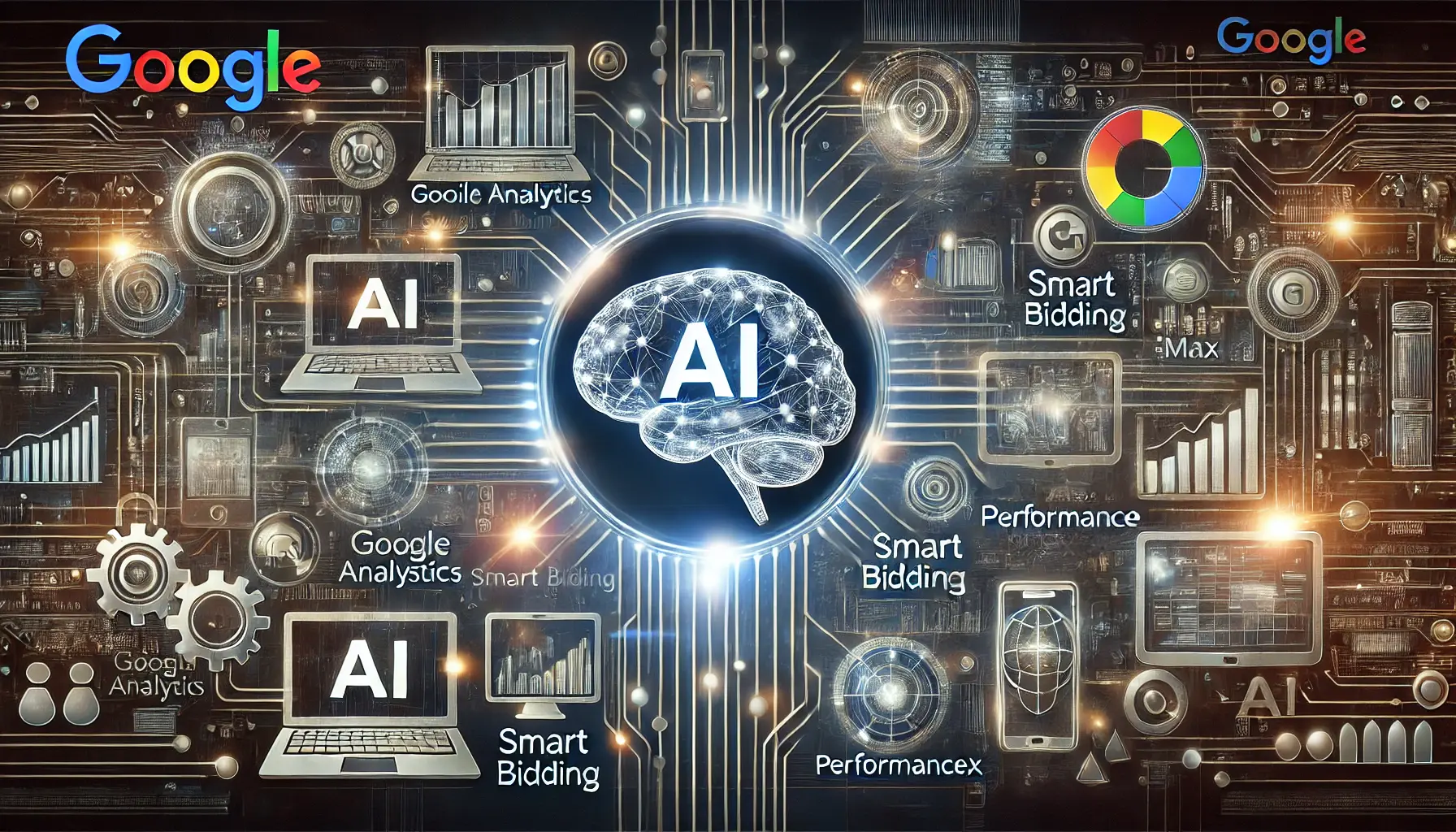 Illustration showcasing Google's AI-powered tools with digital devices and abstract network lines.