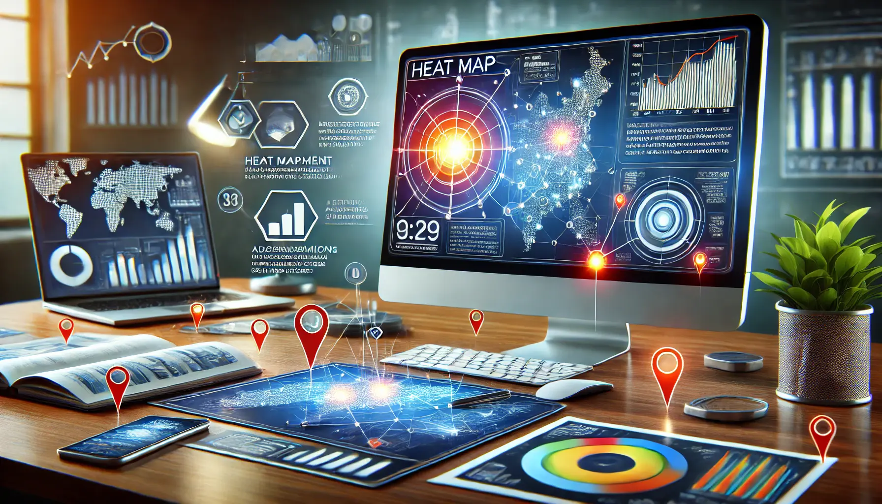 A computer screen displaying a heat map with areas of high engagement, surrounded by a map and graphs representing audience interactions.