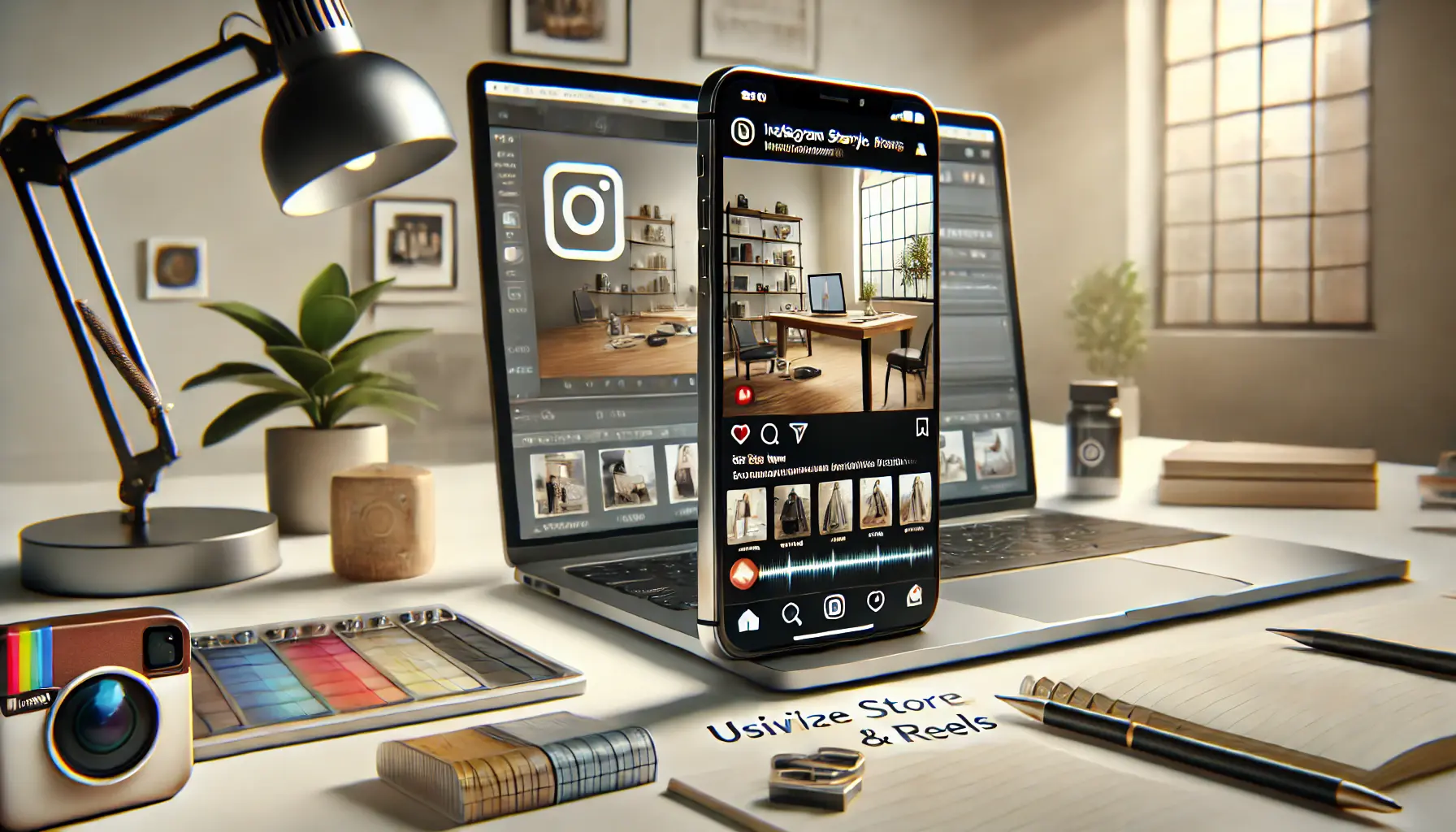 A smartphone displaying an Instagram Story and Reel showcasing a product, with a clean workspace and editing tools in the background.