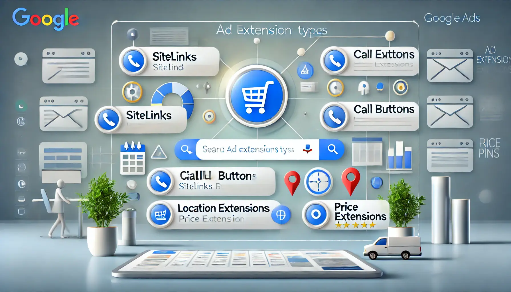 An image showcasing various Google Ads extensions such as sitelinks, call buttons, location pins, and price extensions within a single ad interface.