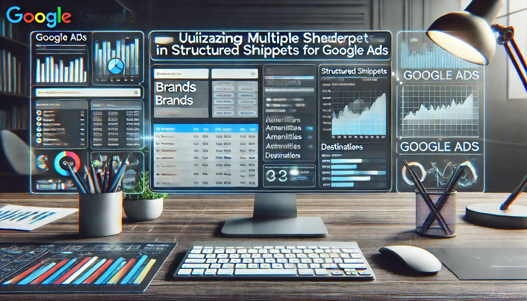 A Google Ads dashboard showcasing multiple headers like 'Brands,' 'Amenities,' and 'Destinations,' each with detailed values, in a modern workspace.