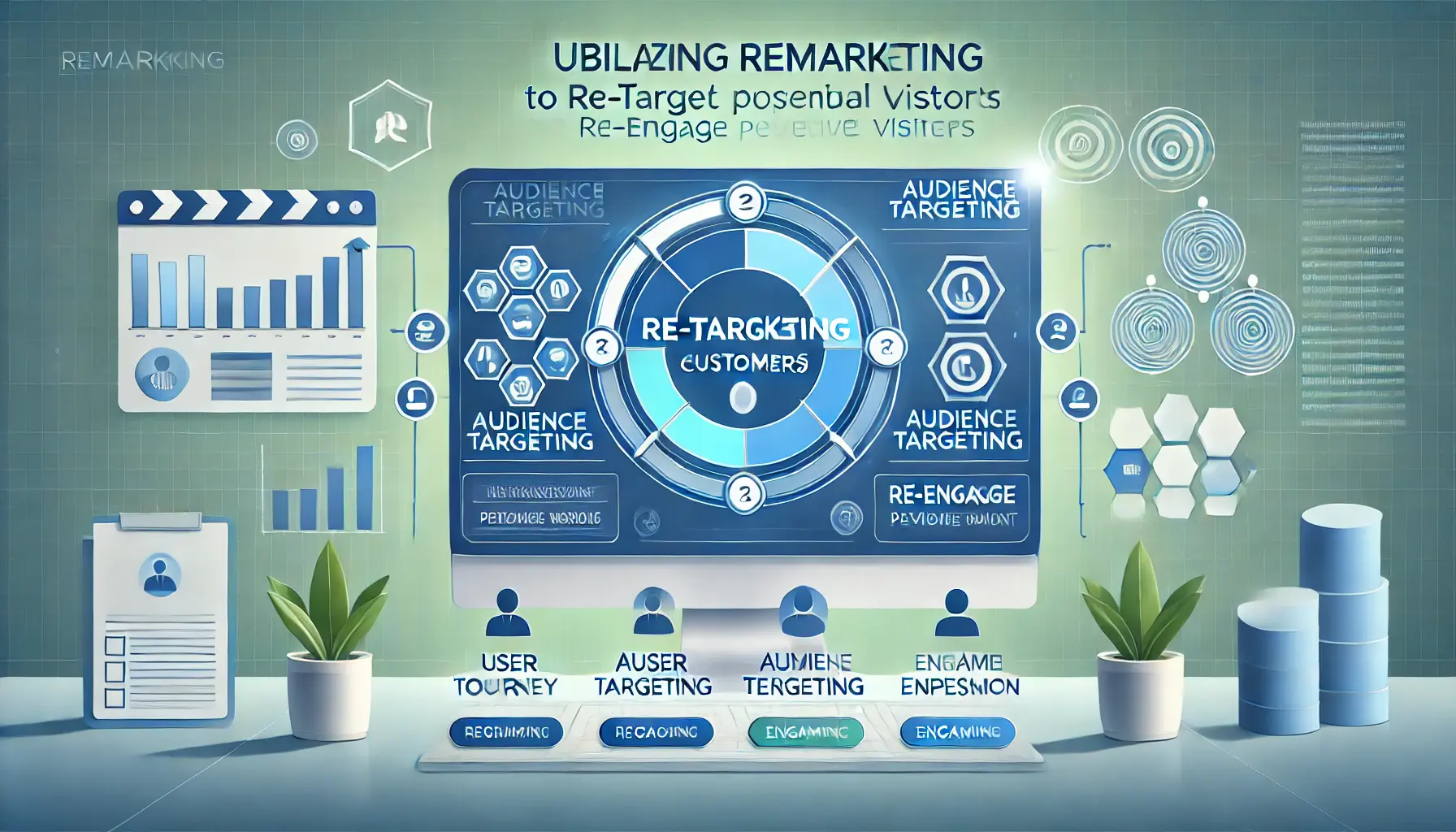 Digital screen displaying an audience targeting dashboard with options for re-engaging previous visitors, symbolizing remarketing.