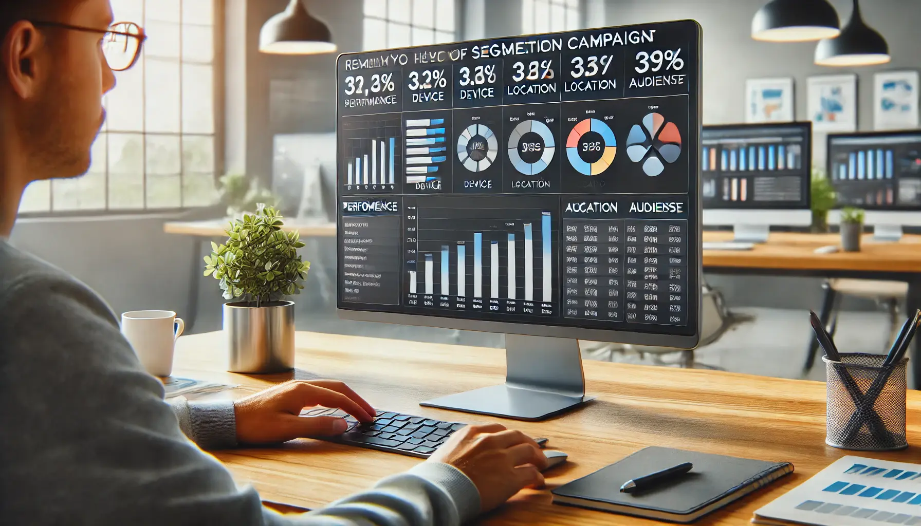 Digital marketer analyzing segmented campaign data on a computer screen.