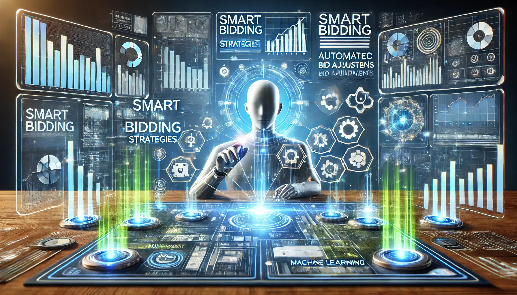 An image representing smart bidding strategies in digital advertising, with a dashboard displaying metrics and machine learning icons.