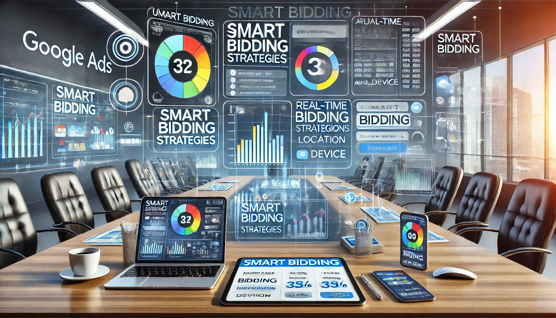 Visualization of smart bidding strategies with automated bid optimization tools on digital devices.