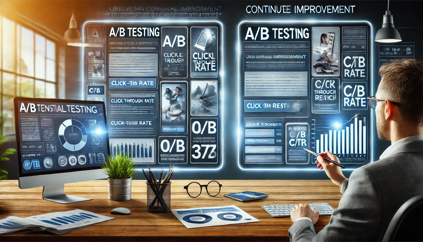 A marketer analyzing two variations of an ad side by side on a screen with performance metrics like CTR and conversion rate in a digital workspace.