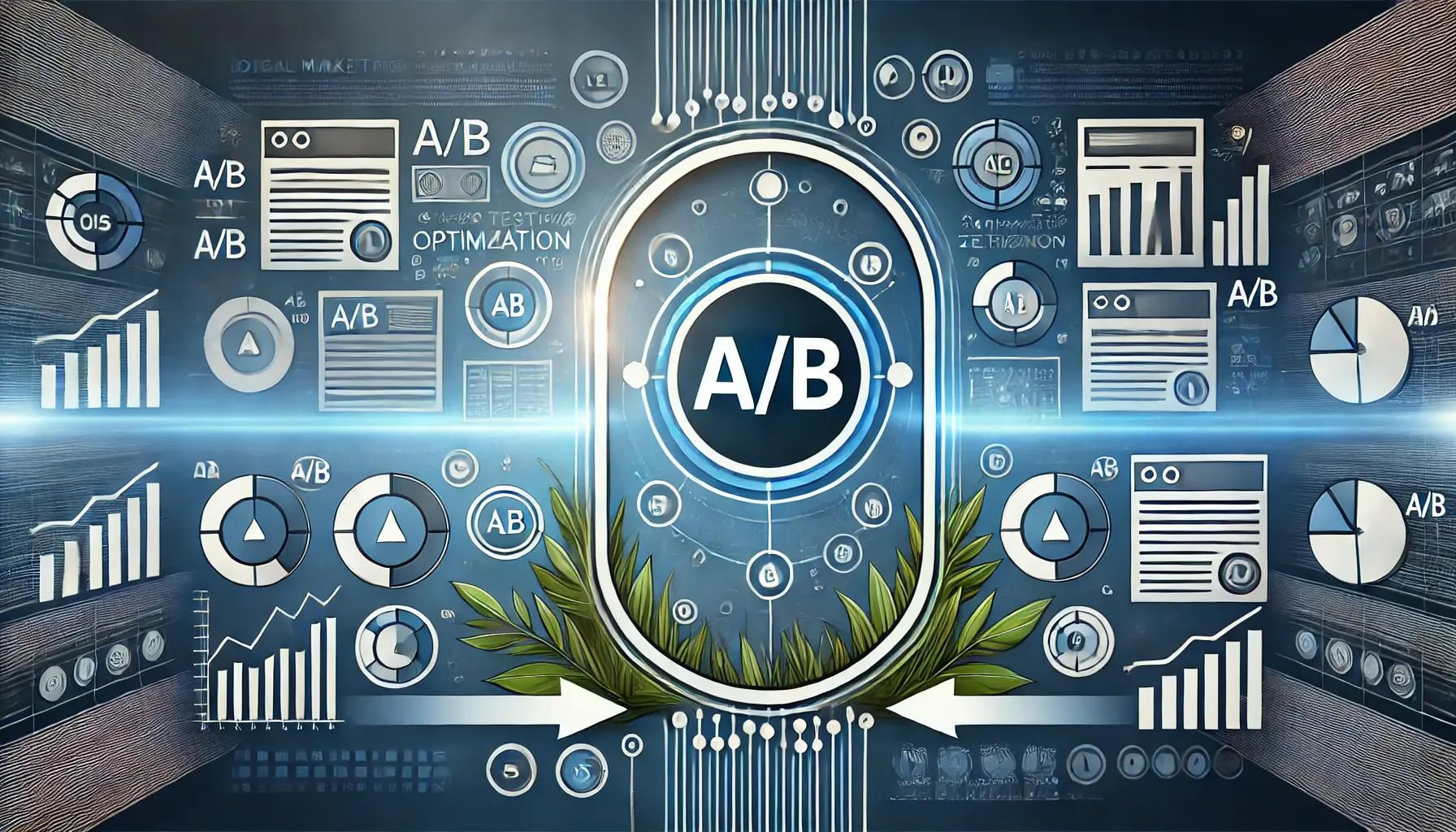 Image illustrating the A/B testing process for optimization, with two distinct ad versions and data-driven decision-making symbols.