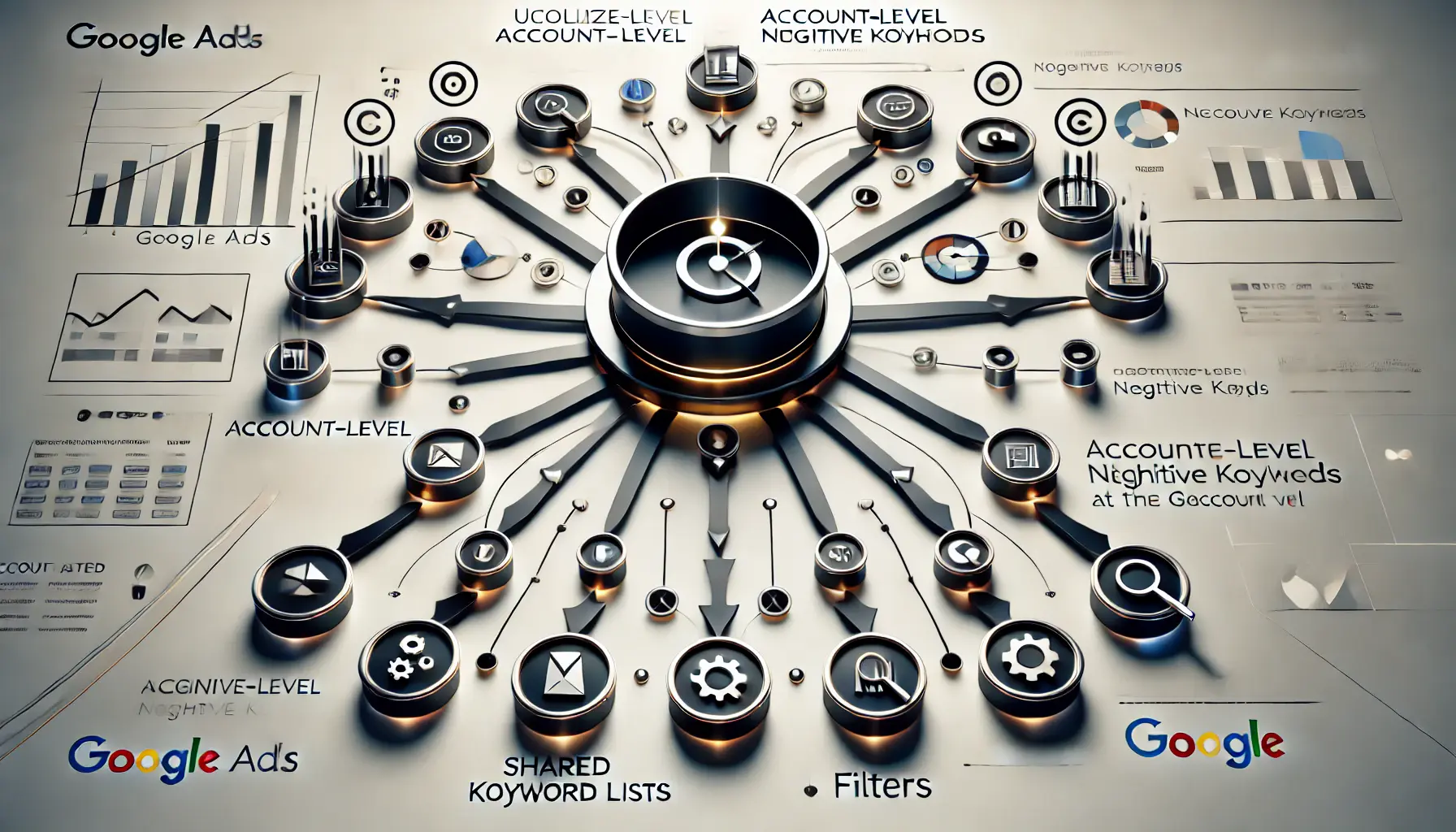 Abstract representation of utilizing account-level negative keywords, with symbols like interconnected campaigns, shared keyword lists, and filters.