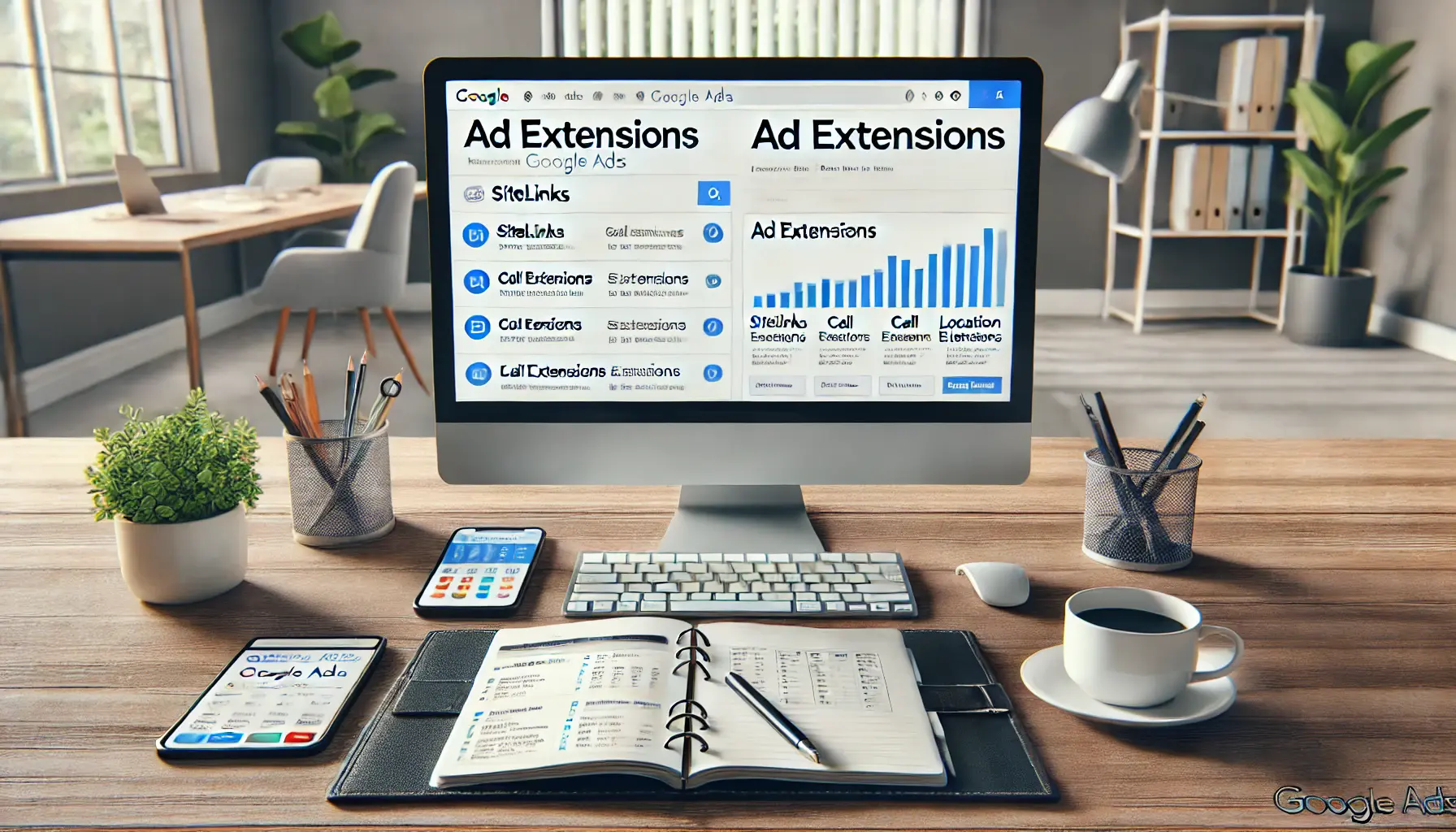 A professional workspace with a computer screen displaying the Google Ads interface, showing ad extension options like sitelinks, call extensions, and location extensions. The desk includes a notebook with strategy notes, a pen, a smartphone, and a coffee cup, set in a bright office environment.