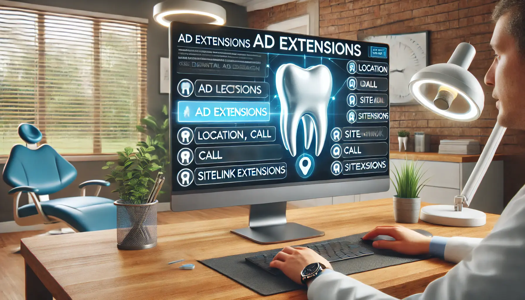 A dentist setting up ad extensions, like location and call extensions, on a computer screen in a modern dental office.