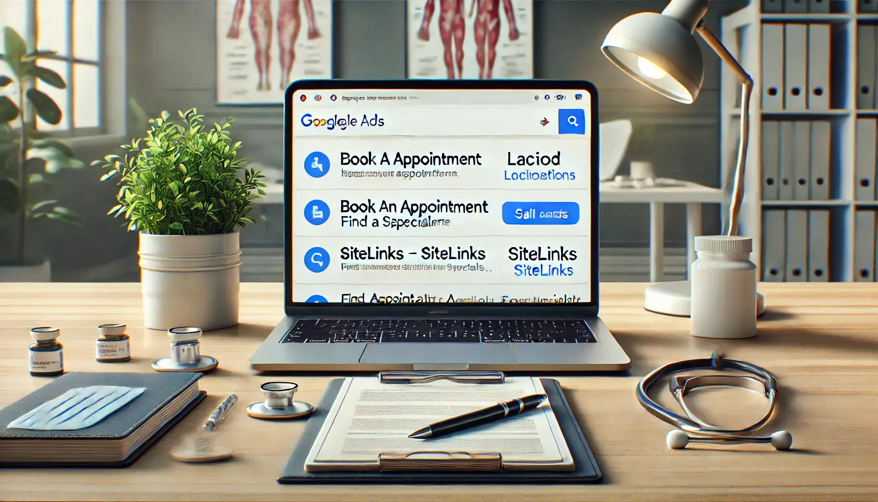 A laptop displaying Google Ads with ad extensions like location details, call buttons, and service sitelinks, set in a professional healthcare workspace.