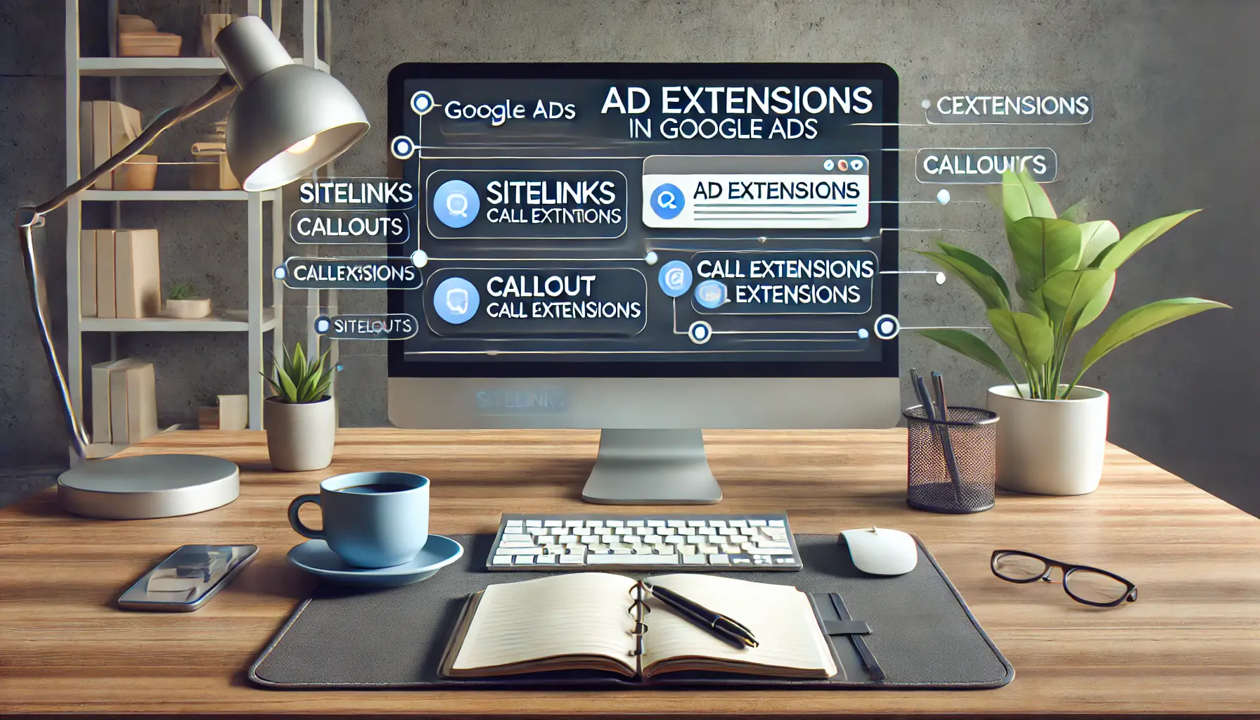 A modern workspace with a computer screen displaying the Google Ads interface, highlighting ad extensions like sitelinks, callouts, and call extensions.