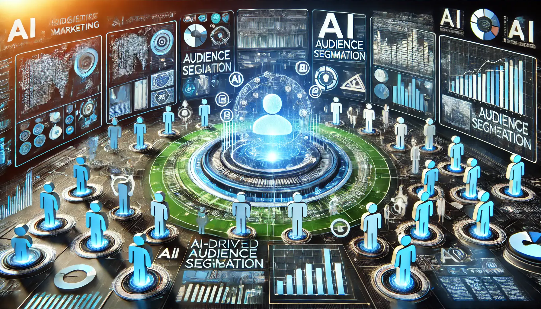 A futuristic digital interface showing AI analyzing audience segmentation, with data points, demographics, and targeted ads.