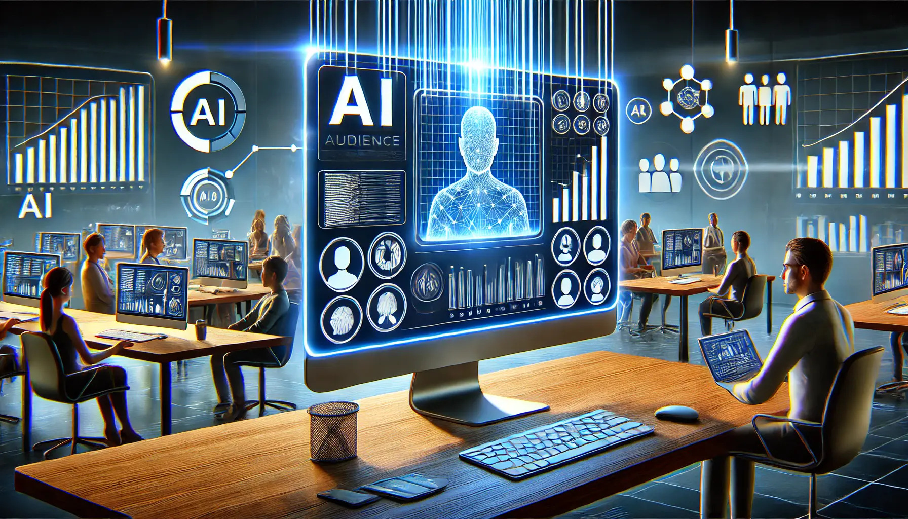 An illustration showing AI technology analyzing demographic data for audience targeting in advertising.