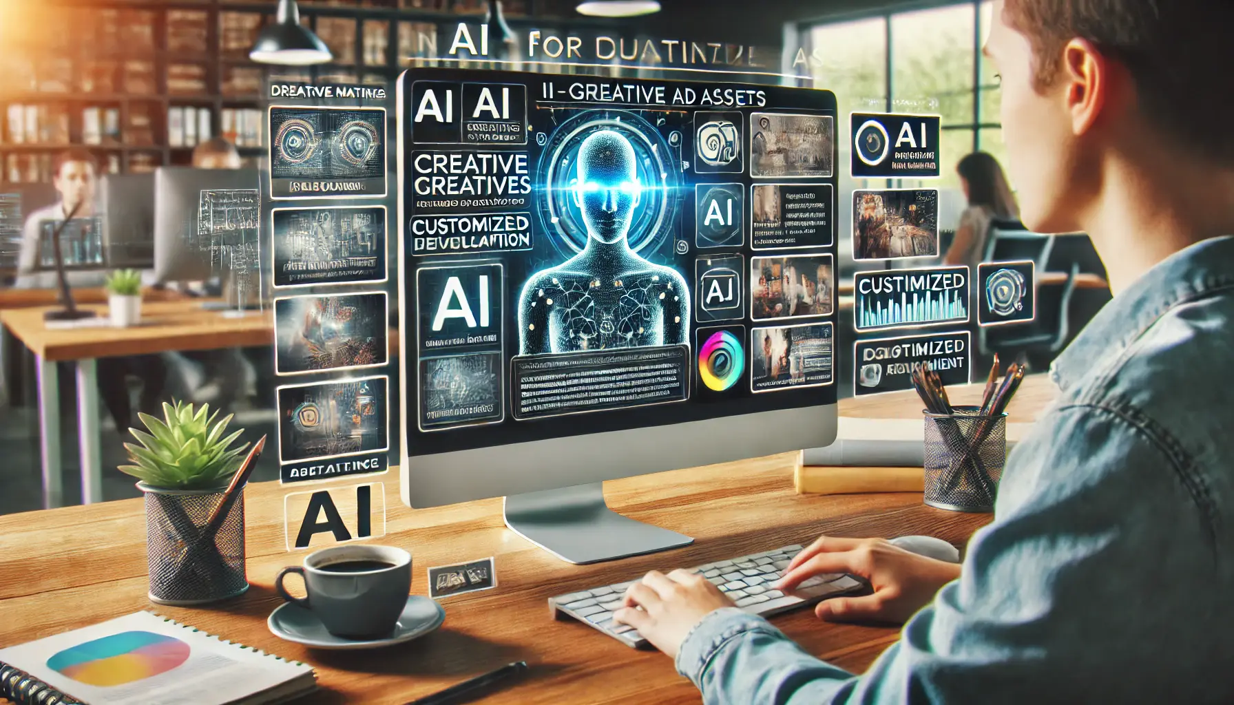 A digital marketing workspace displaying AI-generated ad creatives, including images, videos, and banners.