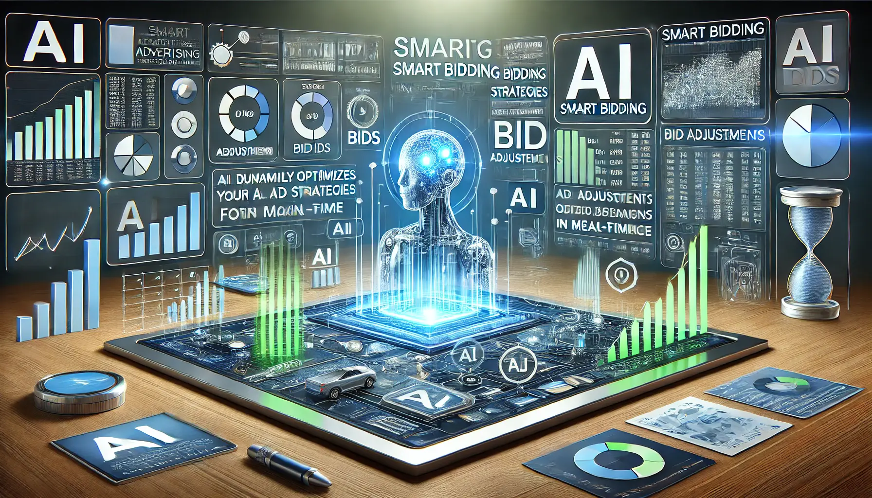 A digital dashboard with AI algorithms analyzing bidding data and adjusting bids in real-time for various ad placements.