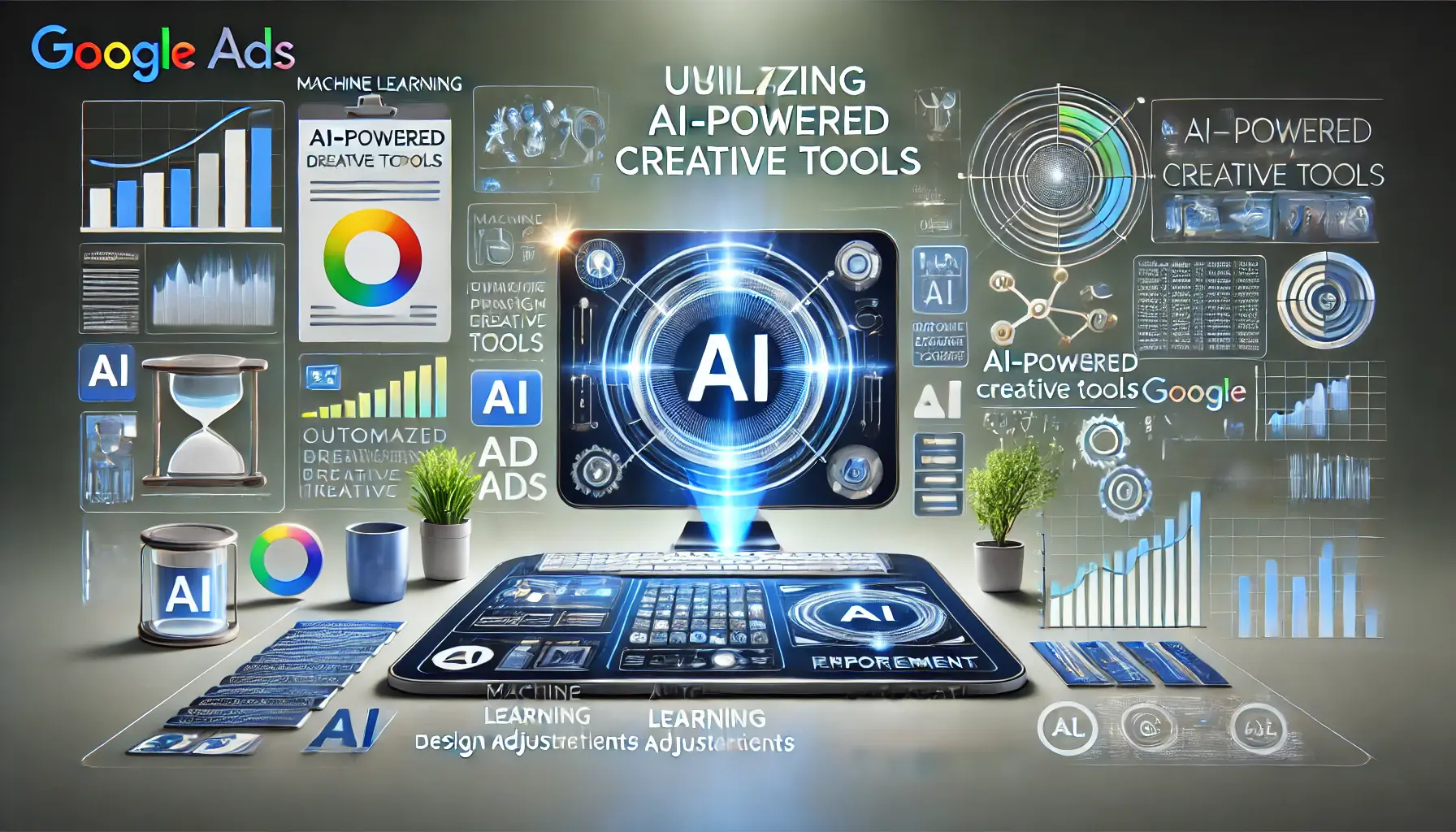 Digital workspace showcasing AI-powered tools optimizing ad creatives with machine learning and optimization algorithms.