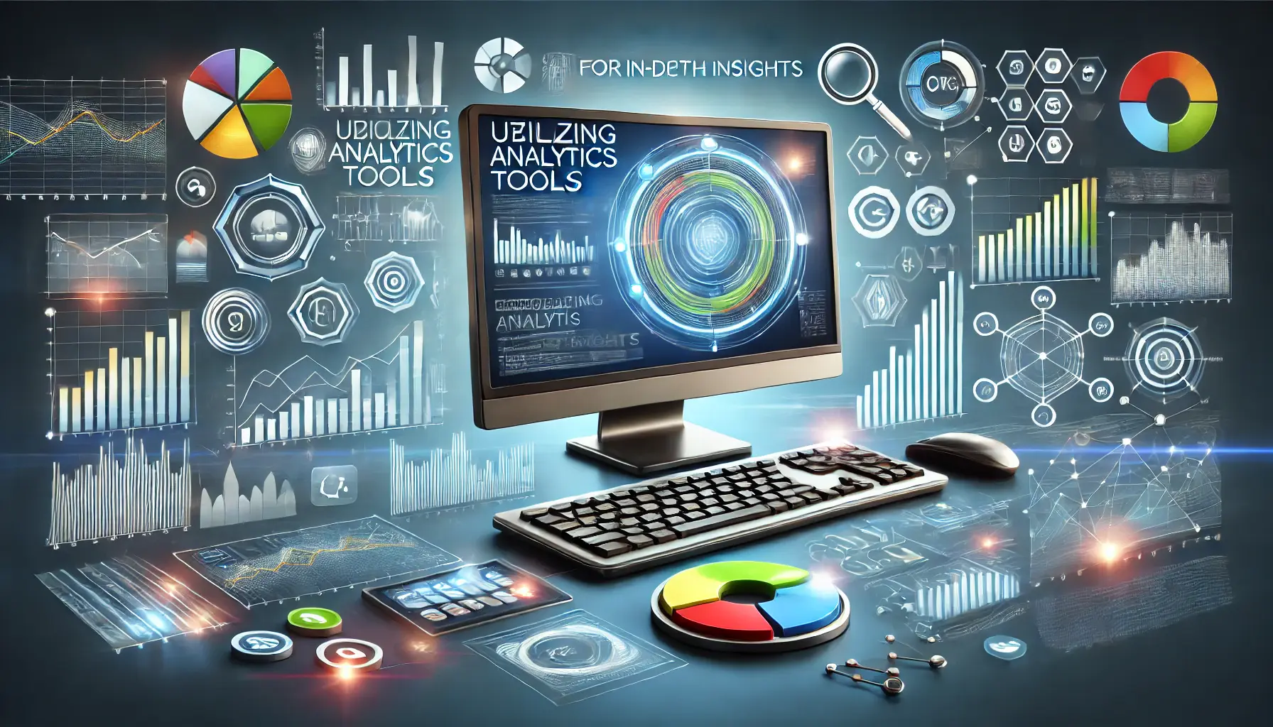 An illustration depicting the use of analytics tools for in-depth insights, featuring a computer screen displaying graphs, pie charts, and data visualizations.