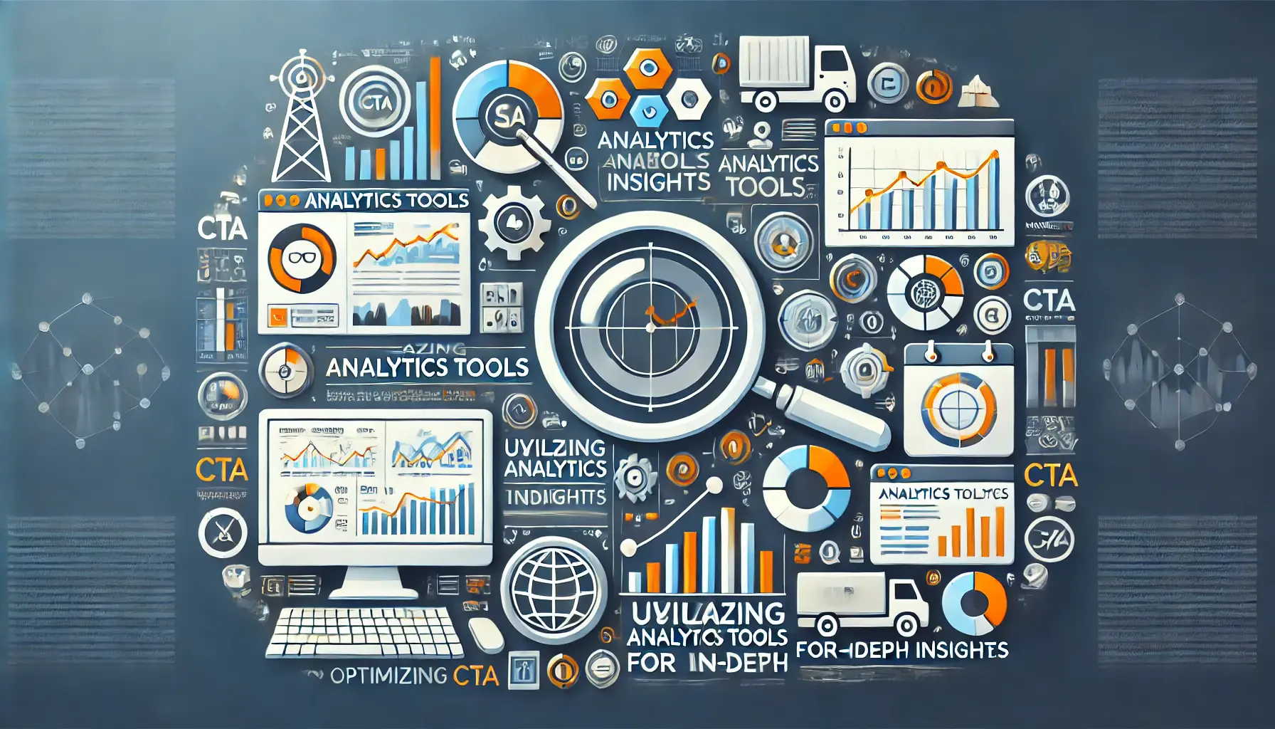 An image featuring a digital dashboard with various analytics tools, including graphs, pie charts, and bar charts, with a computer screen displaying real-time data.