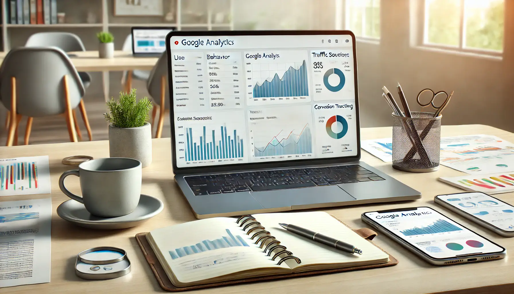 A laptop displaying Google Analytics interface with detailed graphs and metrics, set on a desk with a tablet, notebook, and coffee mug.